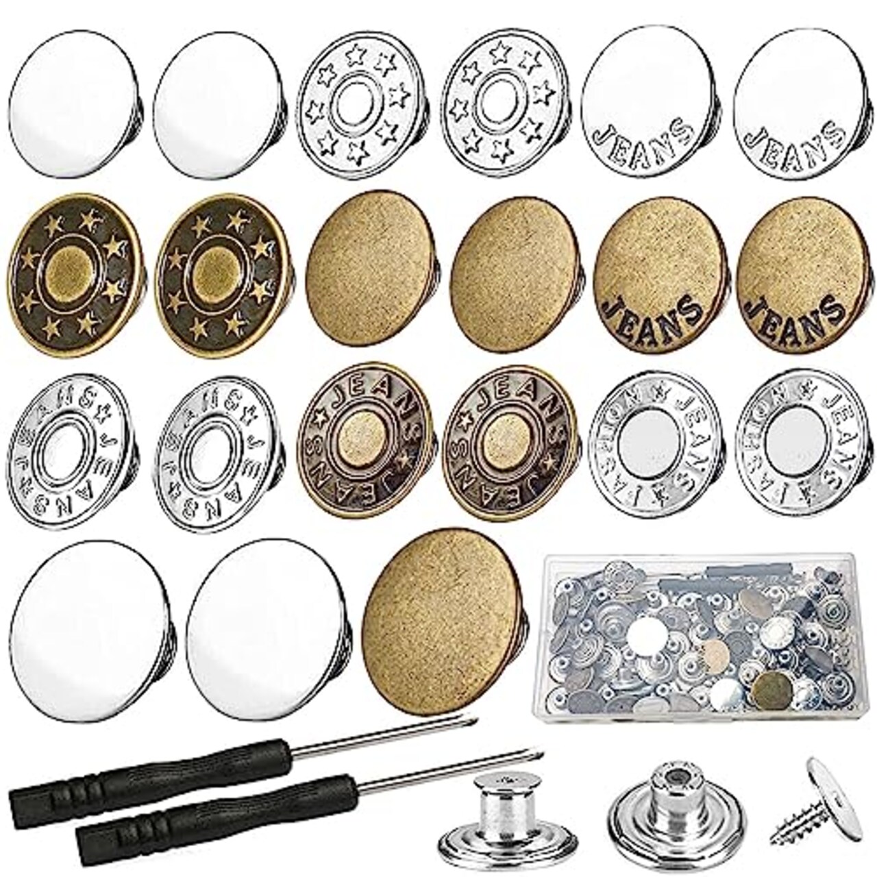 60 Sets Jean Buttons Pins, 17mm and 20mm No-Sew Removable Metal Buttons for Jeans, Jean Button Replacement Repair Combo Rivets and Screwdrivers in Storage Box, Women and Men's Jeans Clothing Supplies